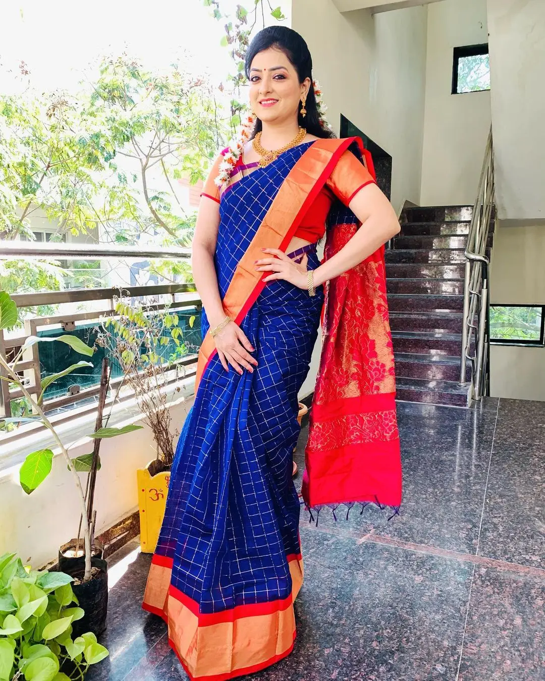 ETV Abhiruchi Madhuri Kandavalli Stills In Blue Saree Orange Blouse